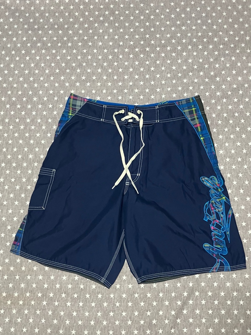 American Eagle Board Shorts Men’s 32 Blue Embroidered Drawstring EUC
